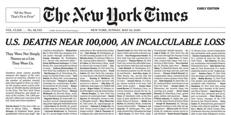 Το συγκλονιστικό πρωτοσέλιδο των New York Times για τα θύματα του κορωνοϊού -«Δεν ήταν απλά ονόματα...»