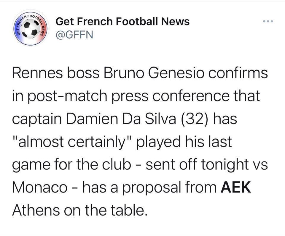 «Ο Ντα Σίλβα έπαιξε το τελευταίο του παιχνίδι με τη Ρεν - Εχει πρόταση από την ΑΕΚ»